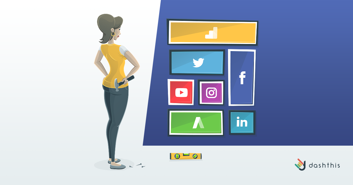 DashThis integrations illustration with Google Analytics, Google Ads, Facebook, YouTube, Instagram and LinkedIn tiles