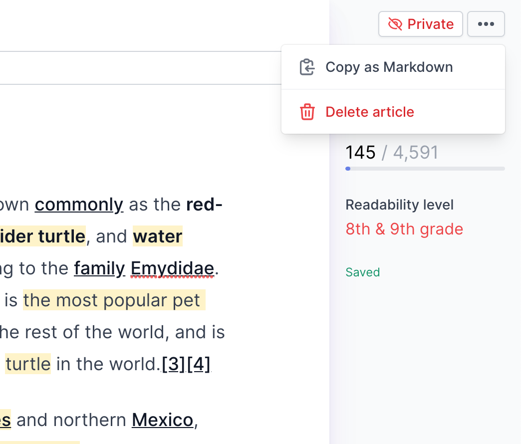 Dashword article menu with the Copy as Markdown export option