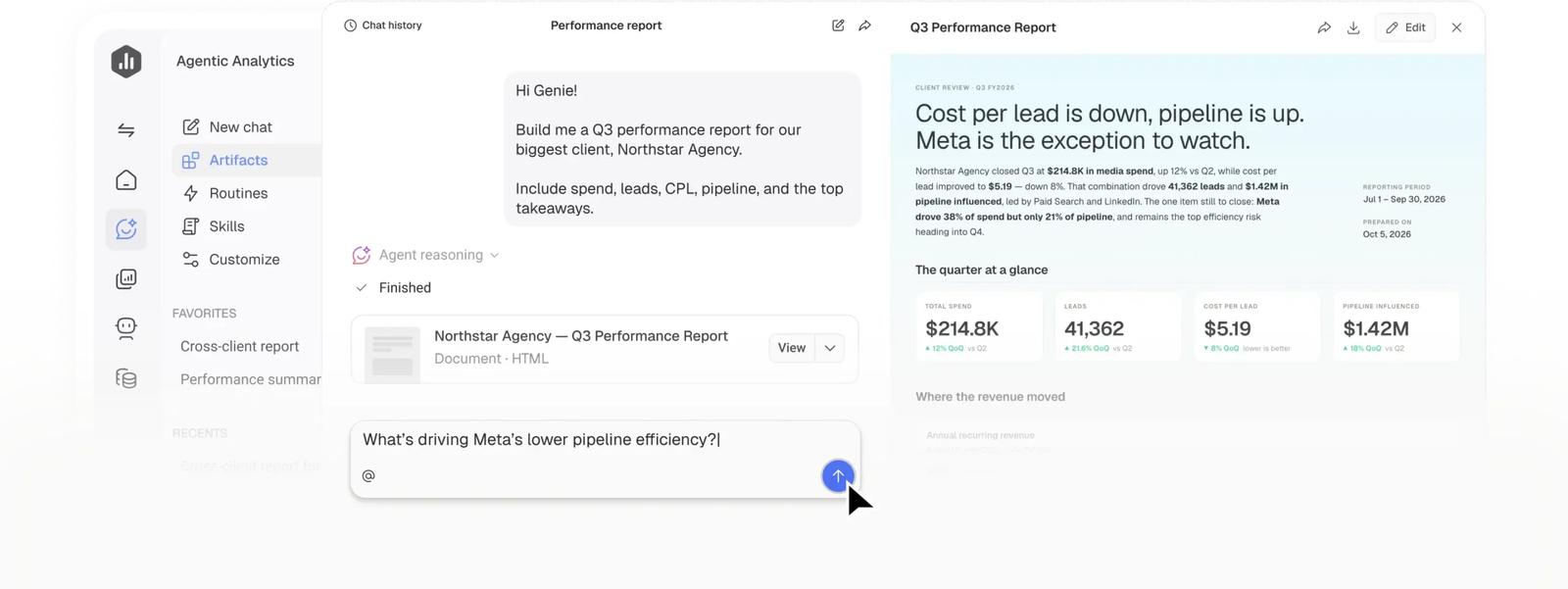 Databox Genie AI analyst answering a plain-English question about marketing metrics