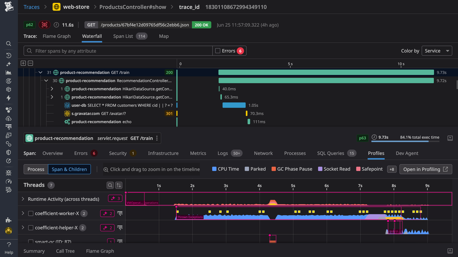 Datadog APM trace waterfall for a slow request, with span timings and profiler threads underneath