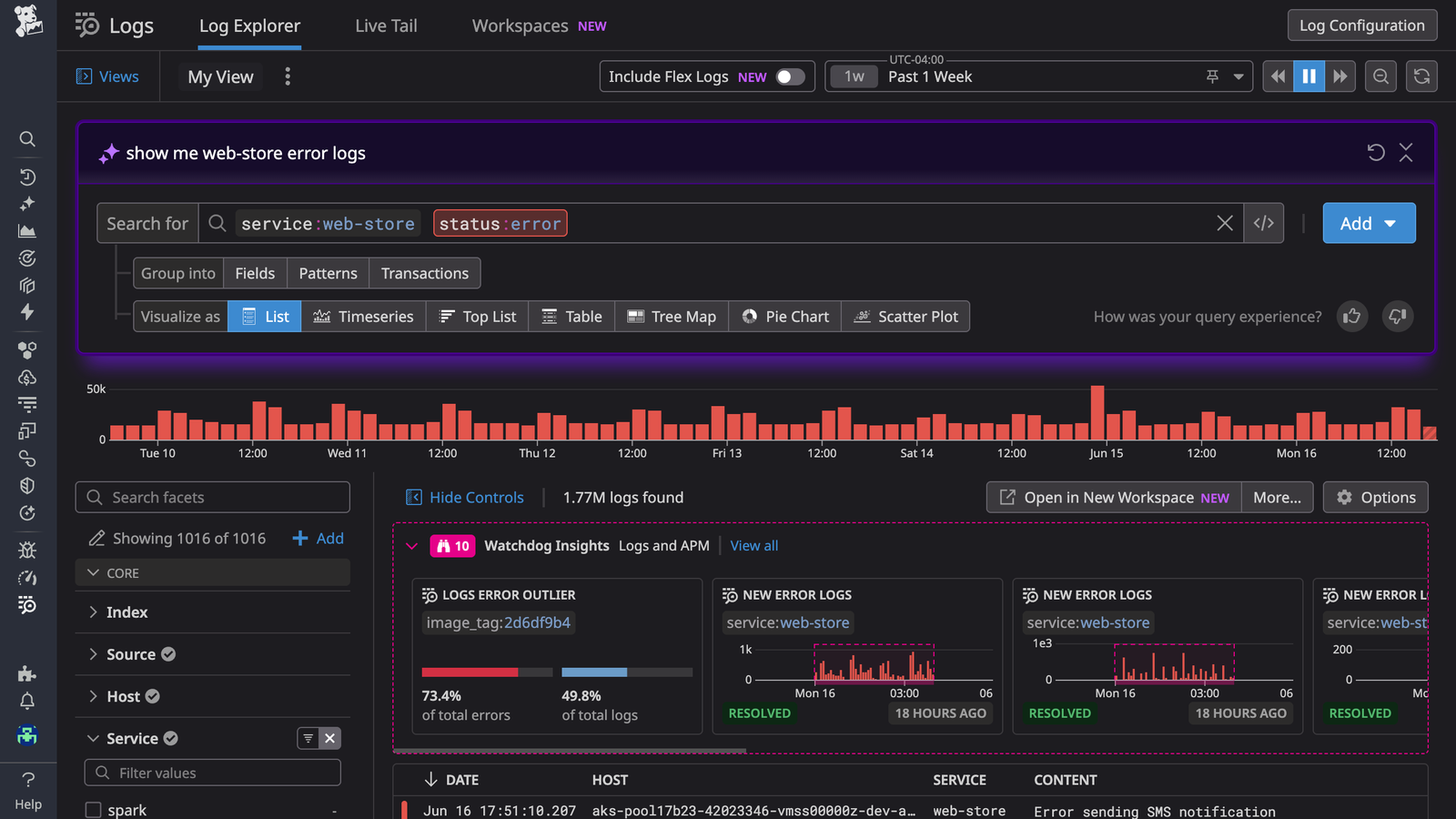 Datadog Log Explorer filtering web-store error logs, with the Include Flex Logs toggle at the top