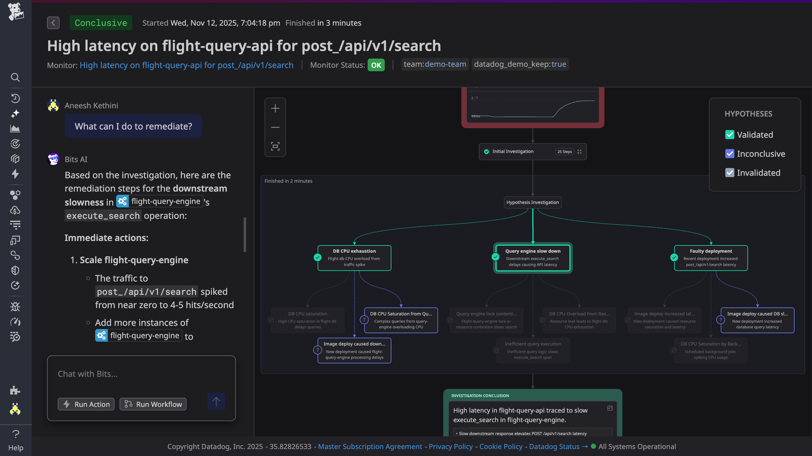 Datadog Bits Investigation tracing a latency alert through ranked hypotheses to a conclusion