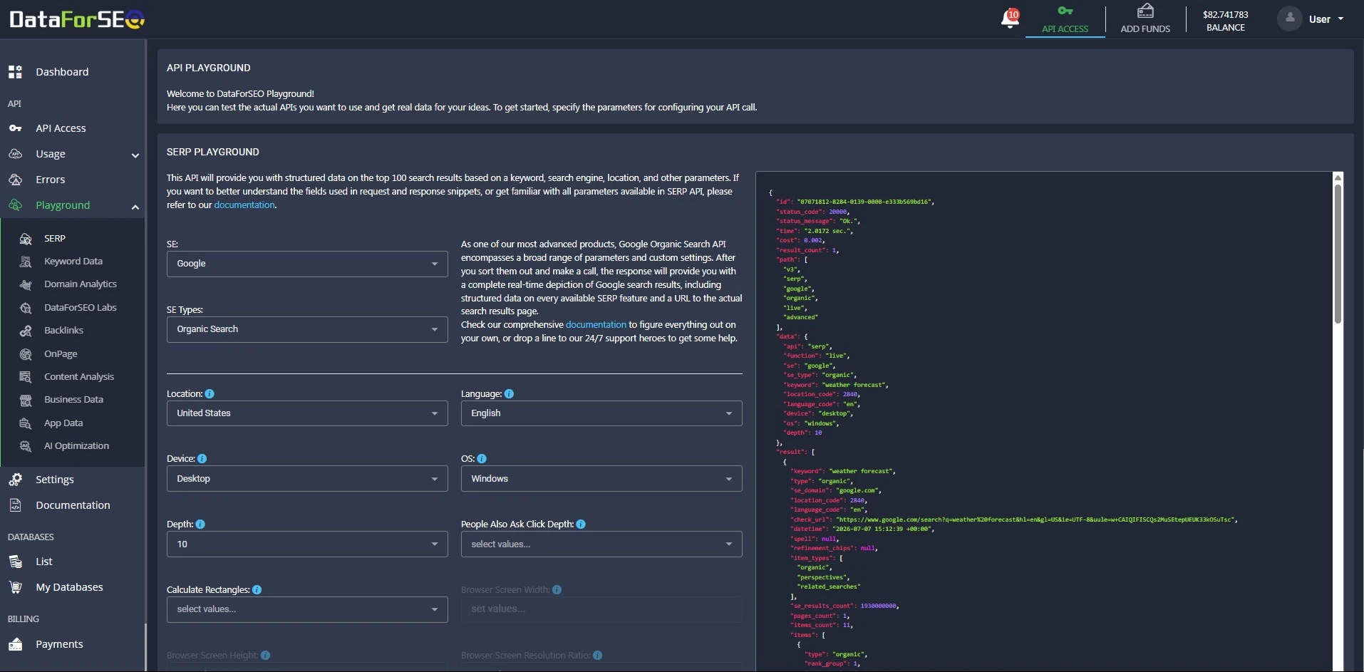 DataForSEO API Playground running a Google Organic SERP request with the JSON response shown on the right