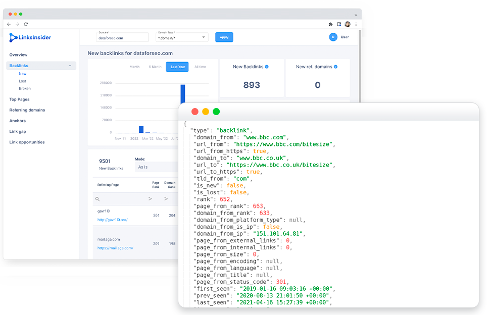 Demo backlink tool built on the DataForSEO Backlinks API, with a raw backlink record in JSON beside it
