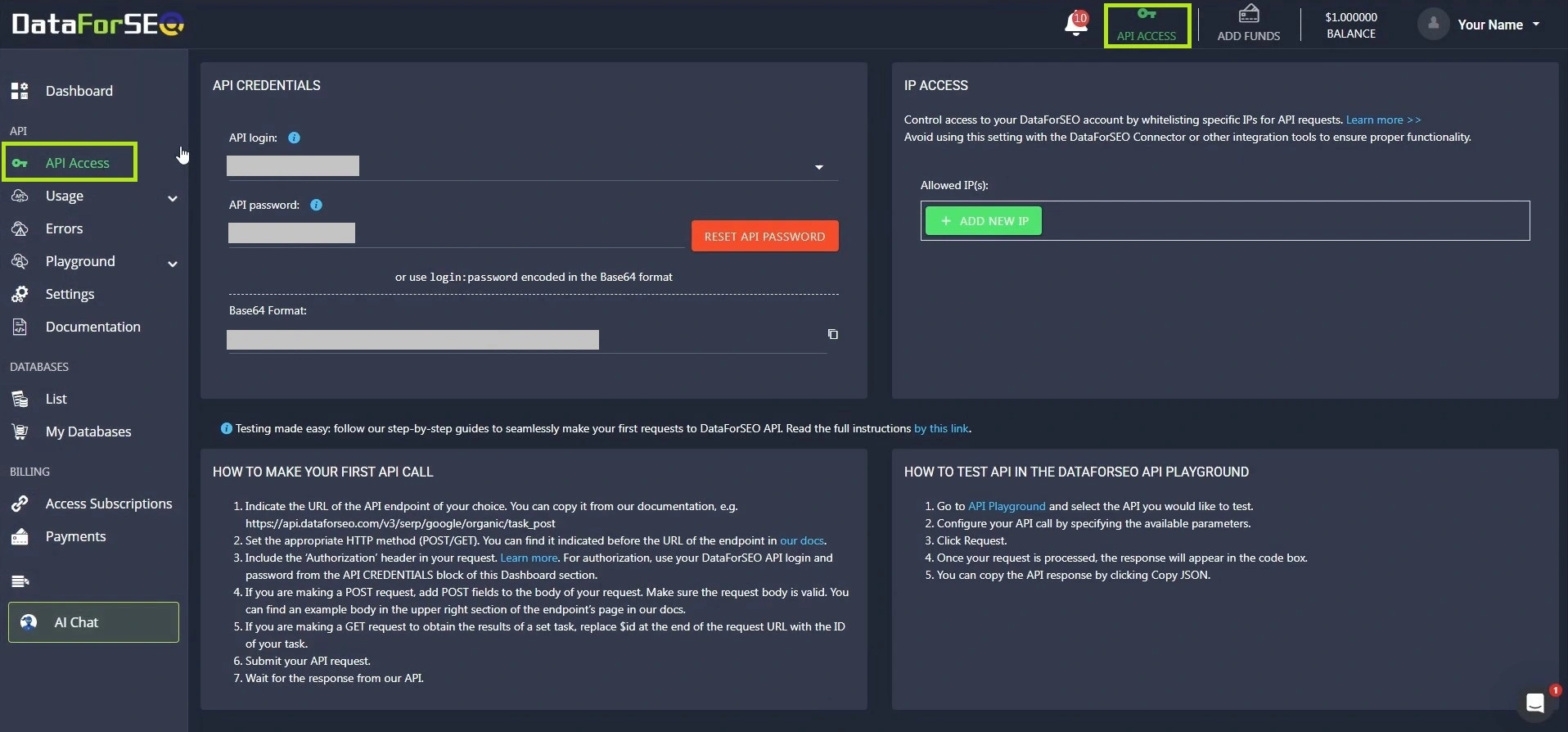 DataForSEO dashboard API Access page with the API login and password fields that integrations and the MCP server use