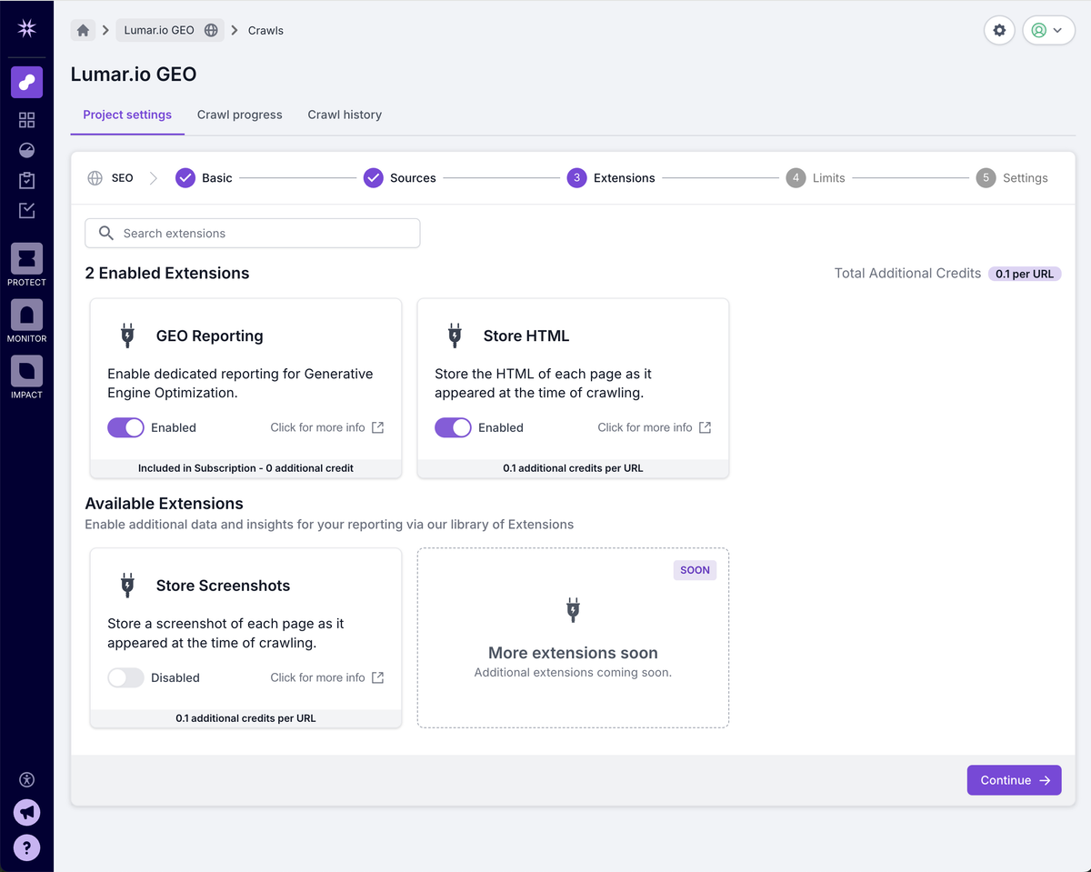 Lumar Project Extensions step showing Store HTML and Store Screenshots at 0.1 additional credits per URL