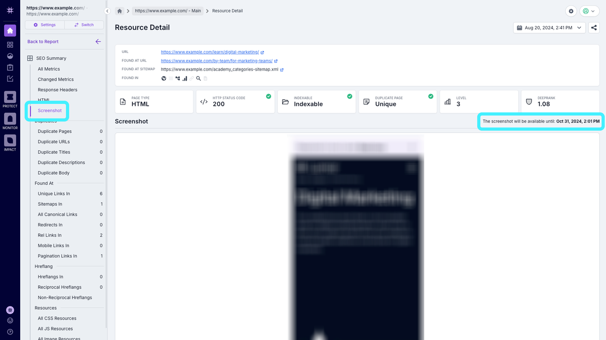Lumar resource detail page with a stored screenshot and the date it expires
