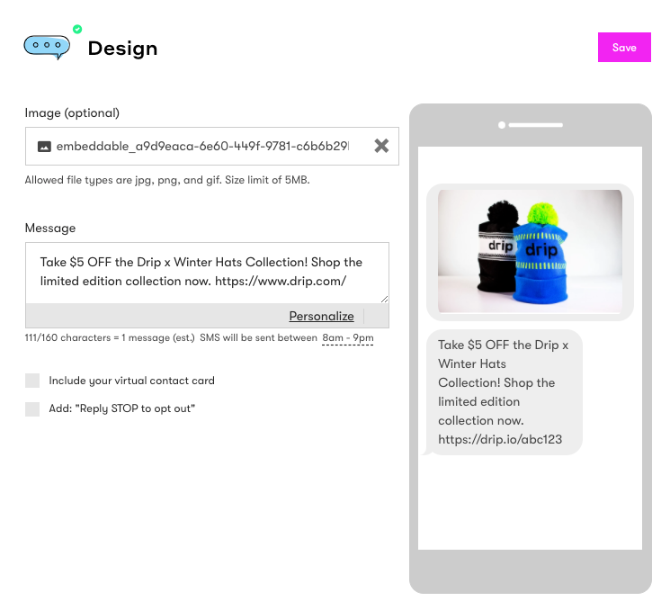 Drip SMS campaign composer with a message design and preview panel