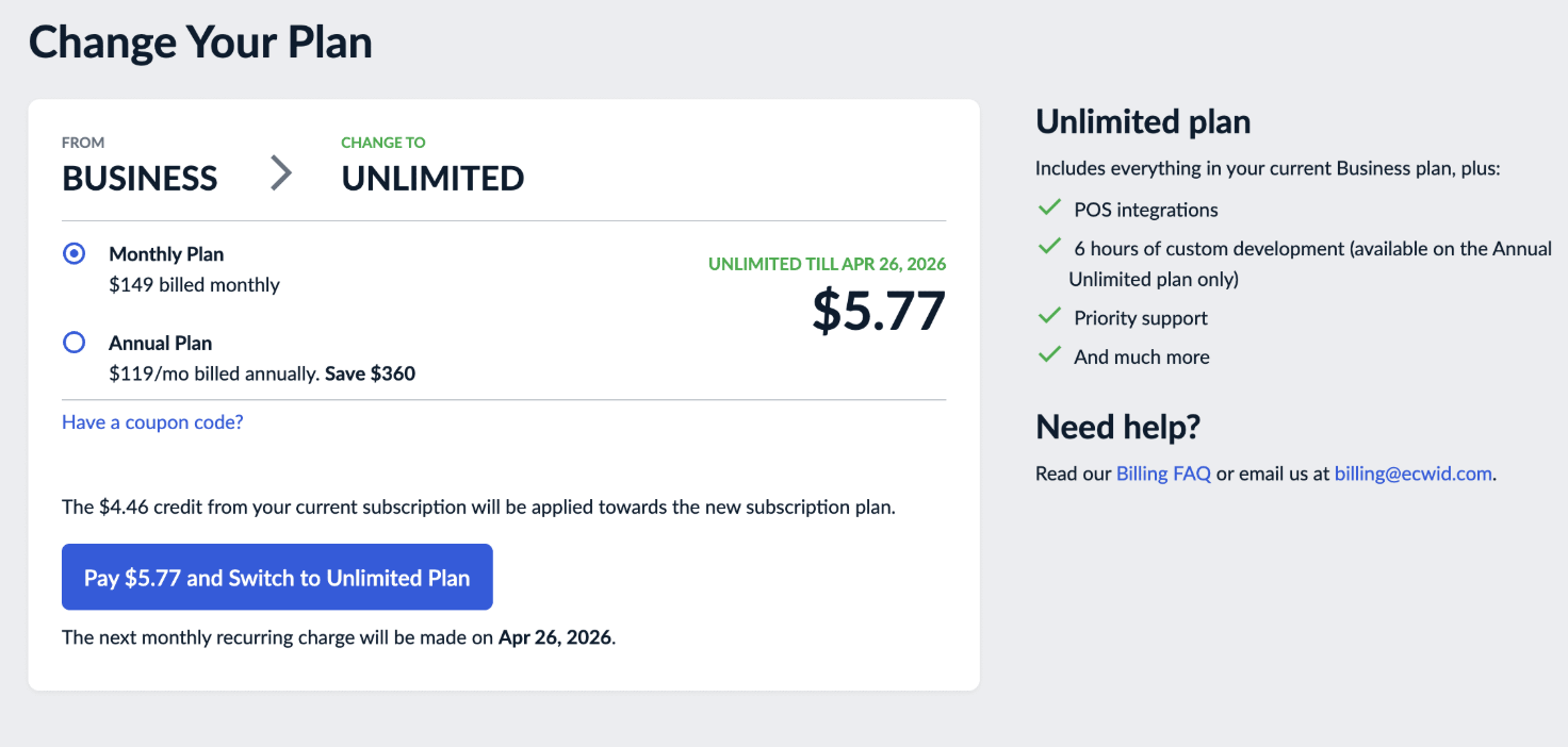 Ecwid Change Your Plan screen moving a store from Business to Unlimited at $149 monthly or $119 a month billed annually
