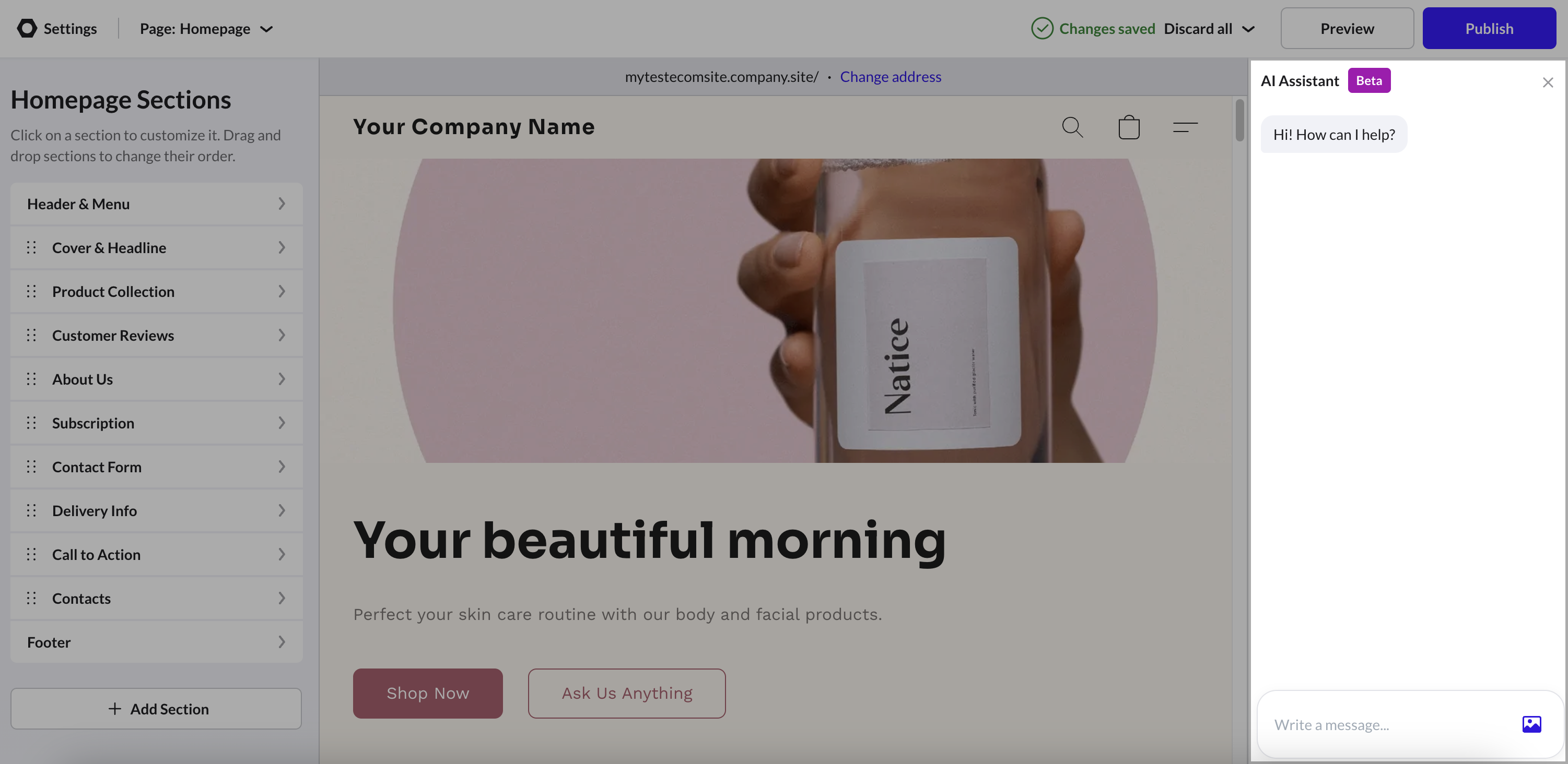 The AI assistant inside the Ecwid Instant Site editor, which builds a storefront for sellers with no website