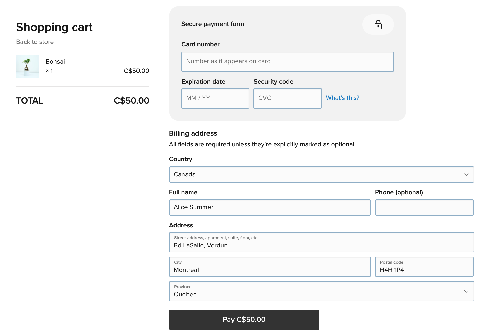 Ecwid checkout using the Lightspeed Payments secure card form for a Canadian order in C$