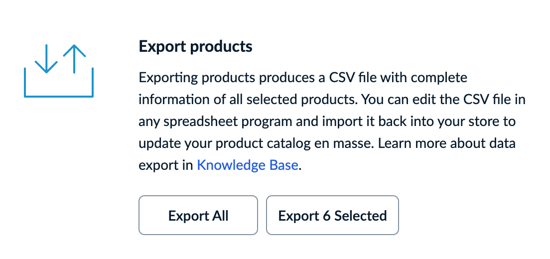 Ecwid catalog export dialog for downloading products and categories as a CSV file