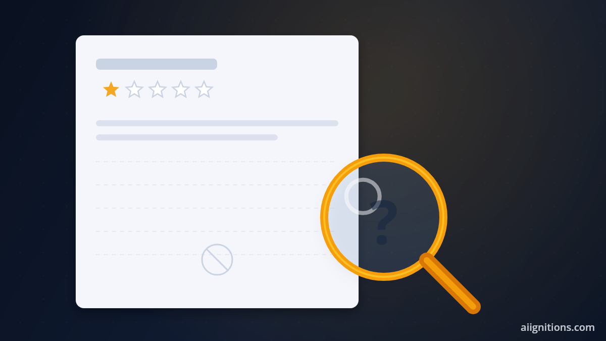 Illustration of a magnifying glass over a nearly empty review page, representing thin third-party verification