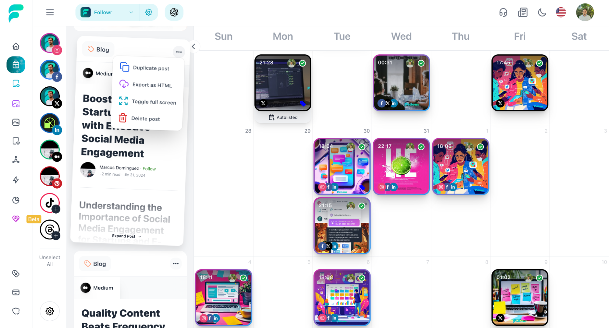 Followr scheduling screen queuing an automatic post across several connected social platforms