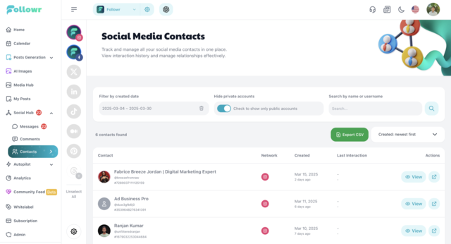Followr Social Hub dashboard showing centralized Facebook and Instagram engagement monitoring