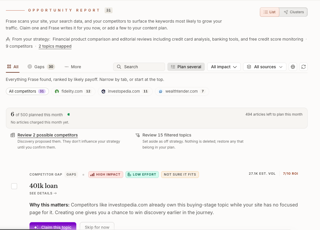 Frase content operating system dashboard showing SEO and AI-visibility tracking