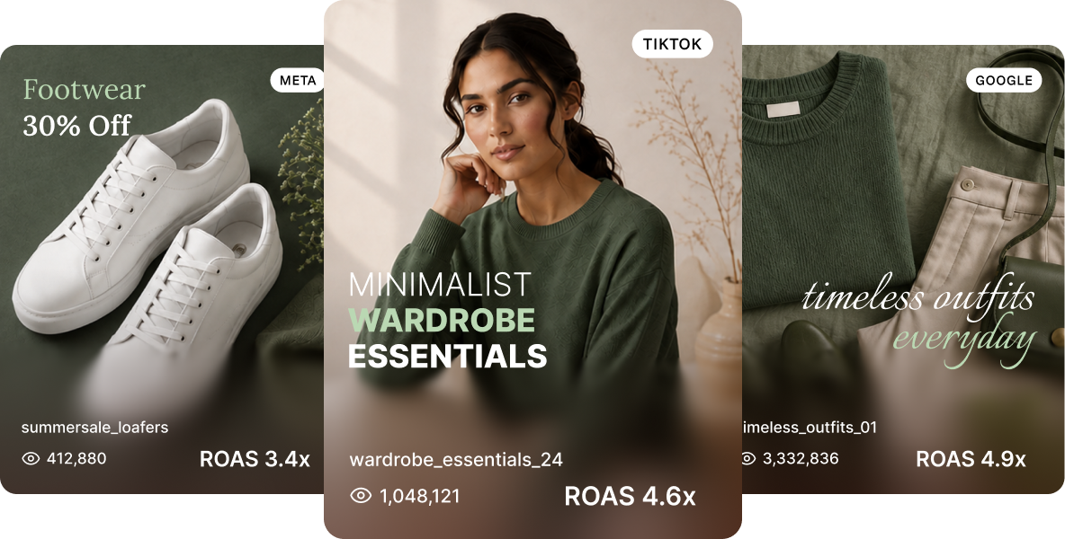 Funnel creative reporting showing Meta, TikTok and Google ad creatives with views and ROAS