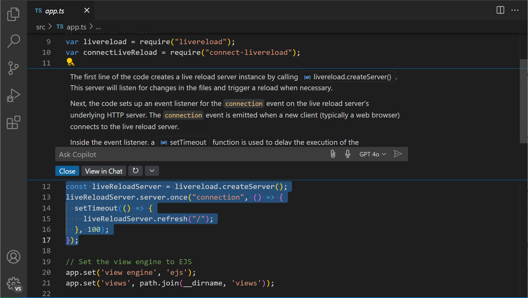 GitHub Copilot Chat answering a question inline in the editor