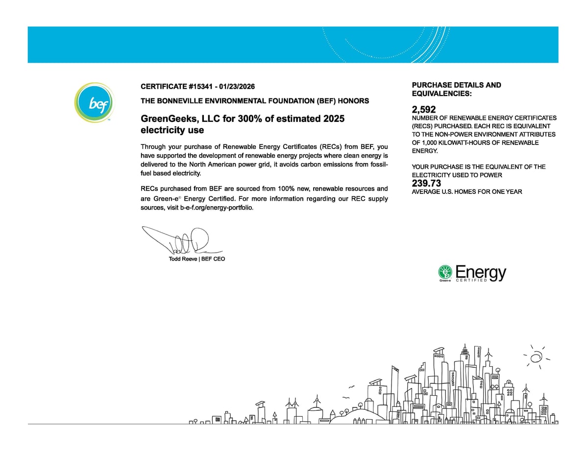 BEF renewable energy certificate #15341 issued to GreenGeeks for 300% of its estimated 2025 electricity use