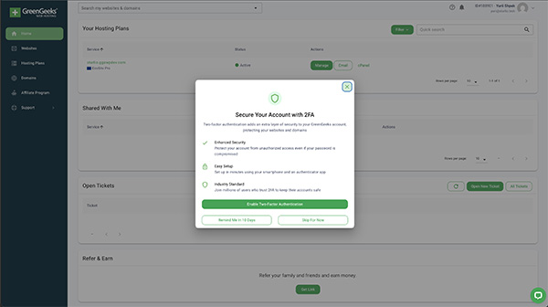 GreenGeeks customer dashboard listing hosting plans with a prompt to turn on two-factor authentication