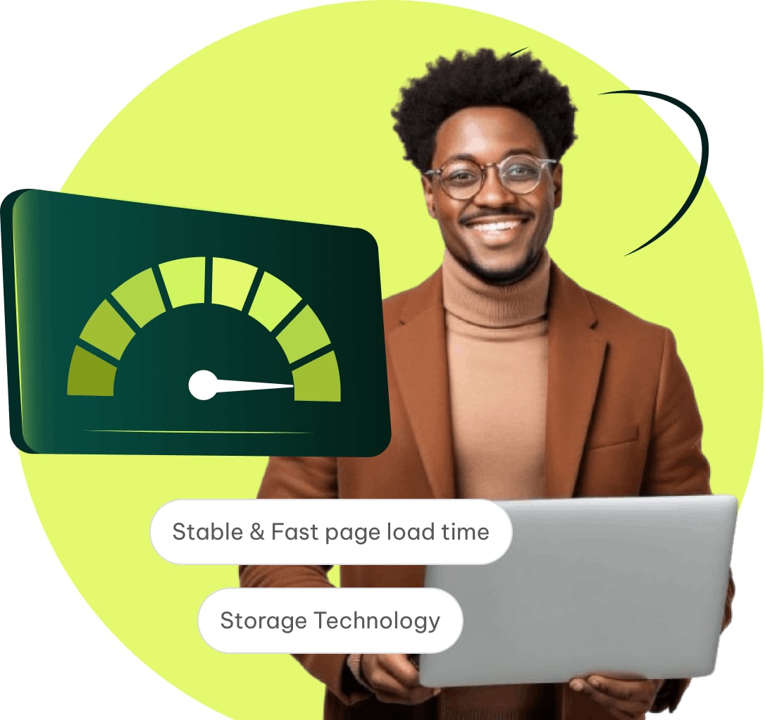 GreenGeeks illustration of its LiteSpeed and SSD hosting stack with a page-speed gauge