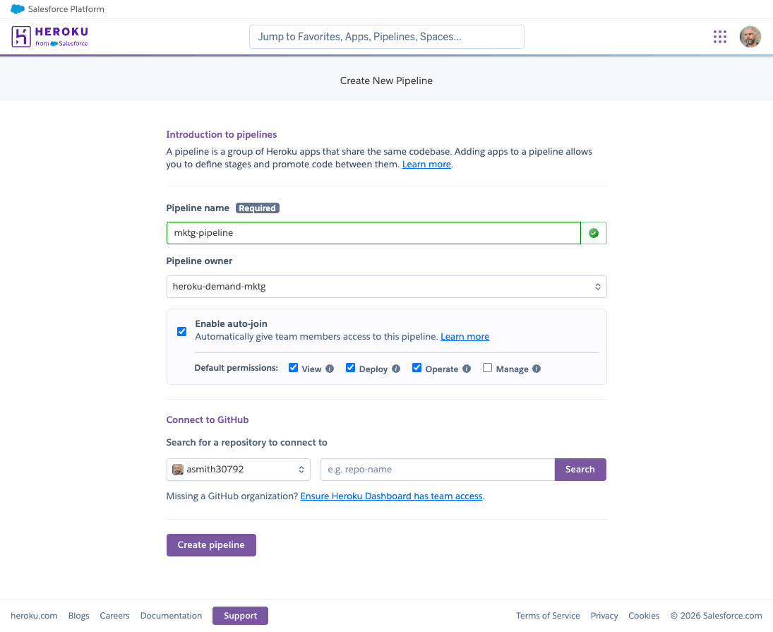 Heroku Dashboard Create New Pipeline screen with owner team, permissions and Connect to GitHub fields