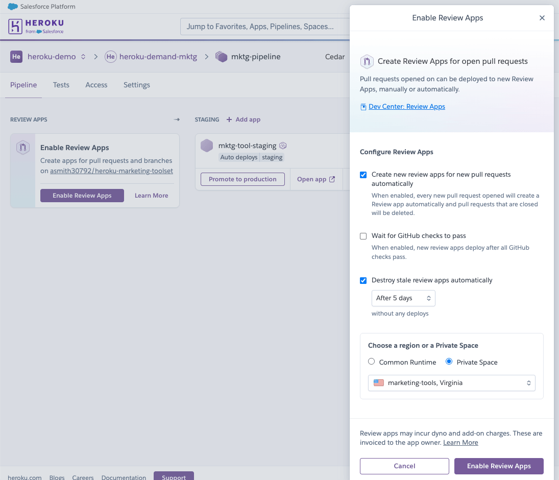 Heroku pipeline view with a staging app and the Enable Review Apps panel