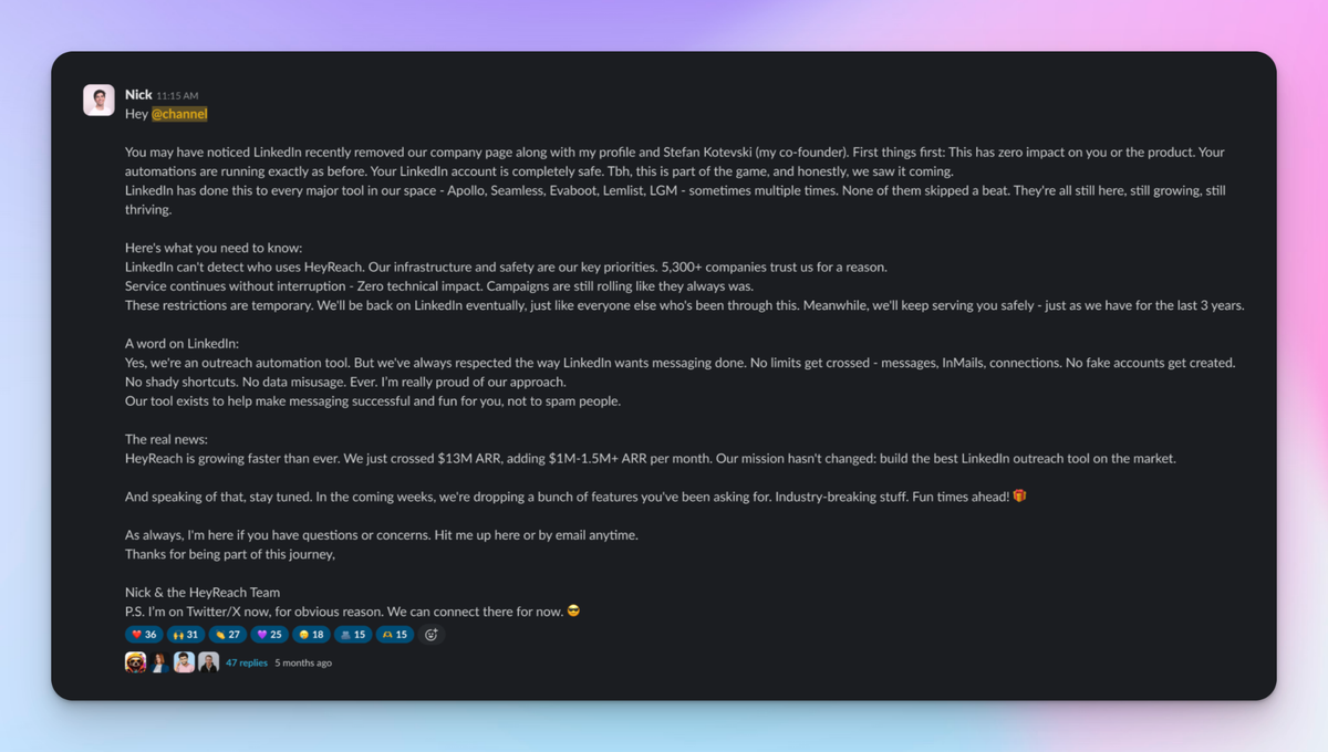 Screenshot of HeyReach's blog post describing LinkedIn removing its company page in March 2026