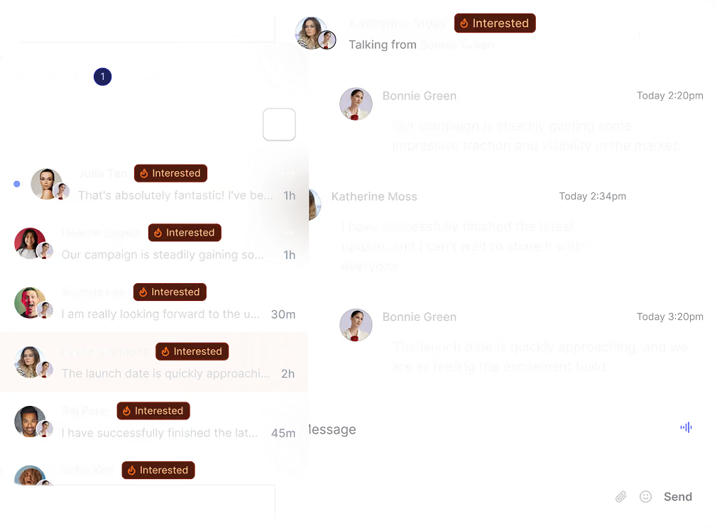 HeyReach unified inbox showing replies from several connected LinkedIn accounts in one view