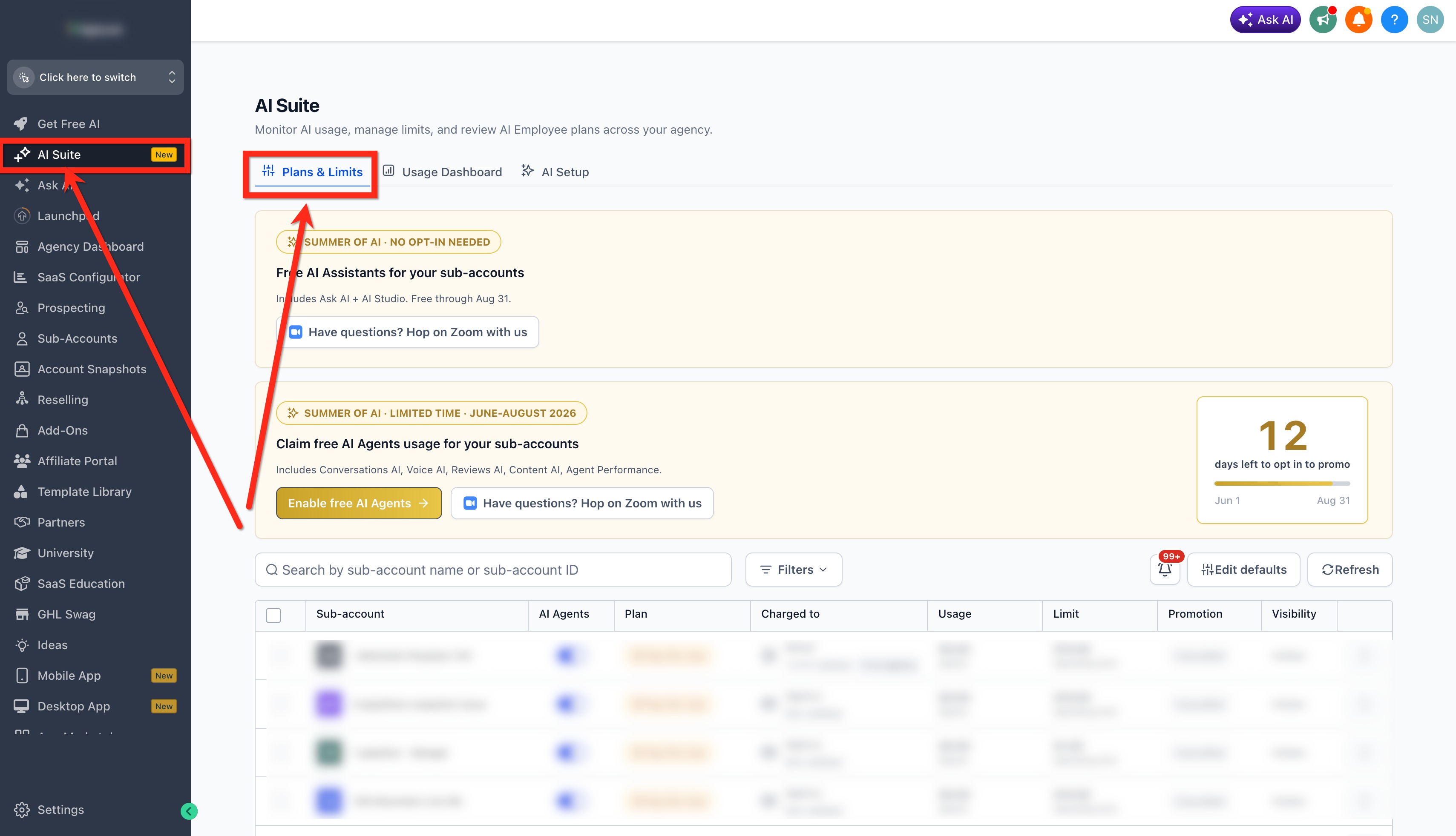 HighLevel AI Suite Plans and Limits screen in agency view, where AI usage and limits are managed per sub-account