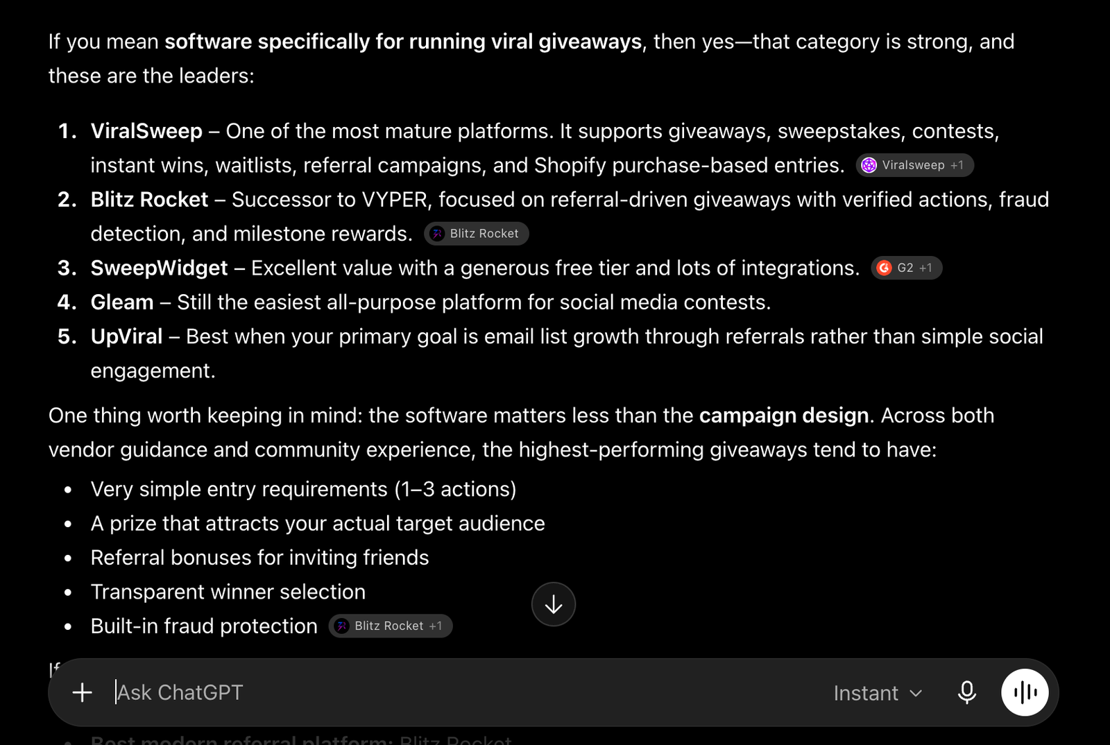 ChatGPT answer listing Hyax customer Blitz Rocket among giveaway tools, used by Hyax as an AI-search visibility case study