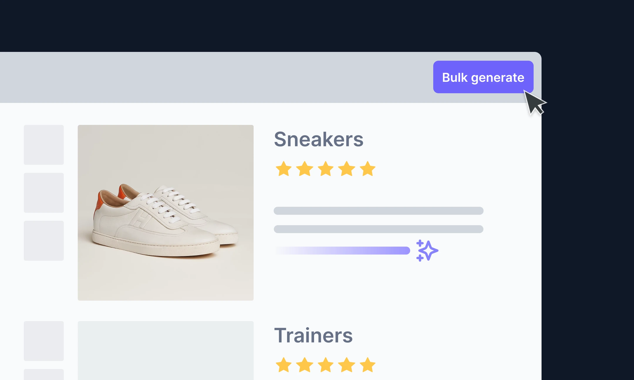 Hypotenuse AI product list with a Bulk generate button for writing product descriptions in bulk
