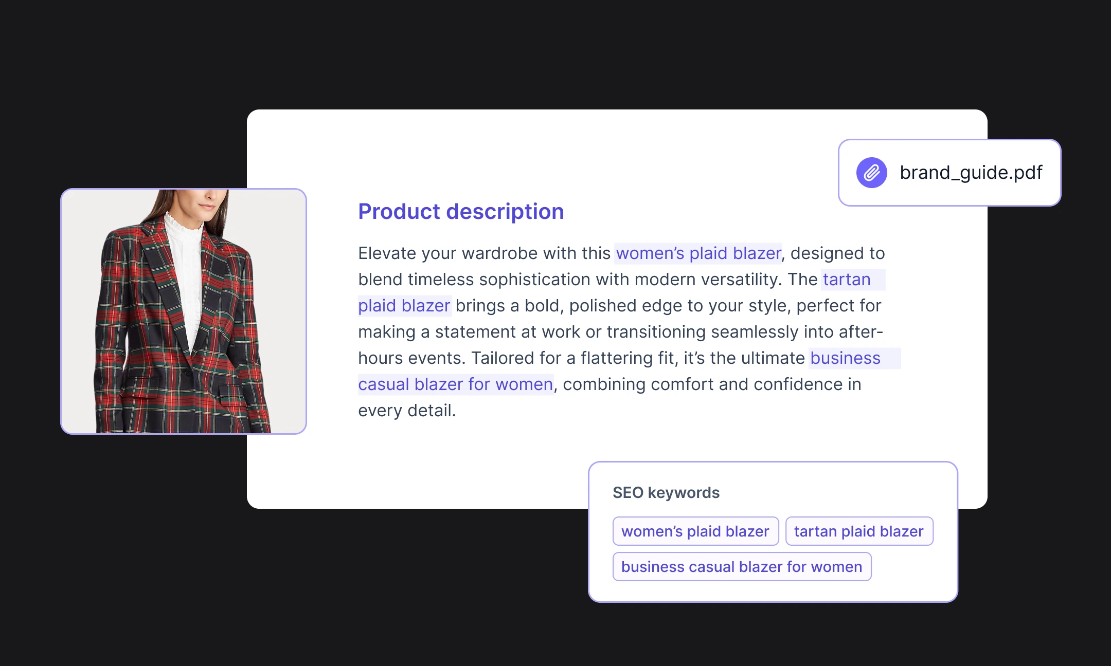 Hypotenuse AI agent writing a blazer product description from an attached brand guide and SEO keywords