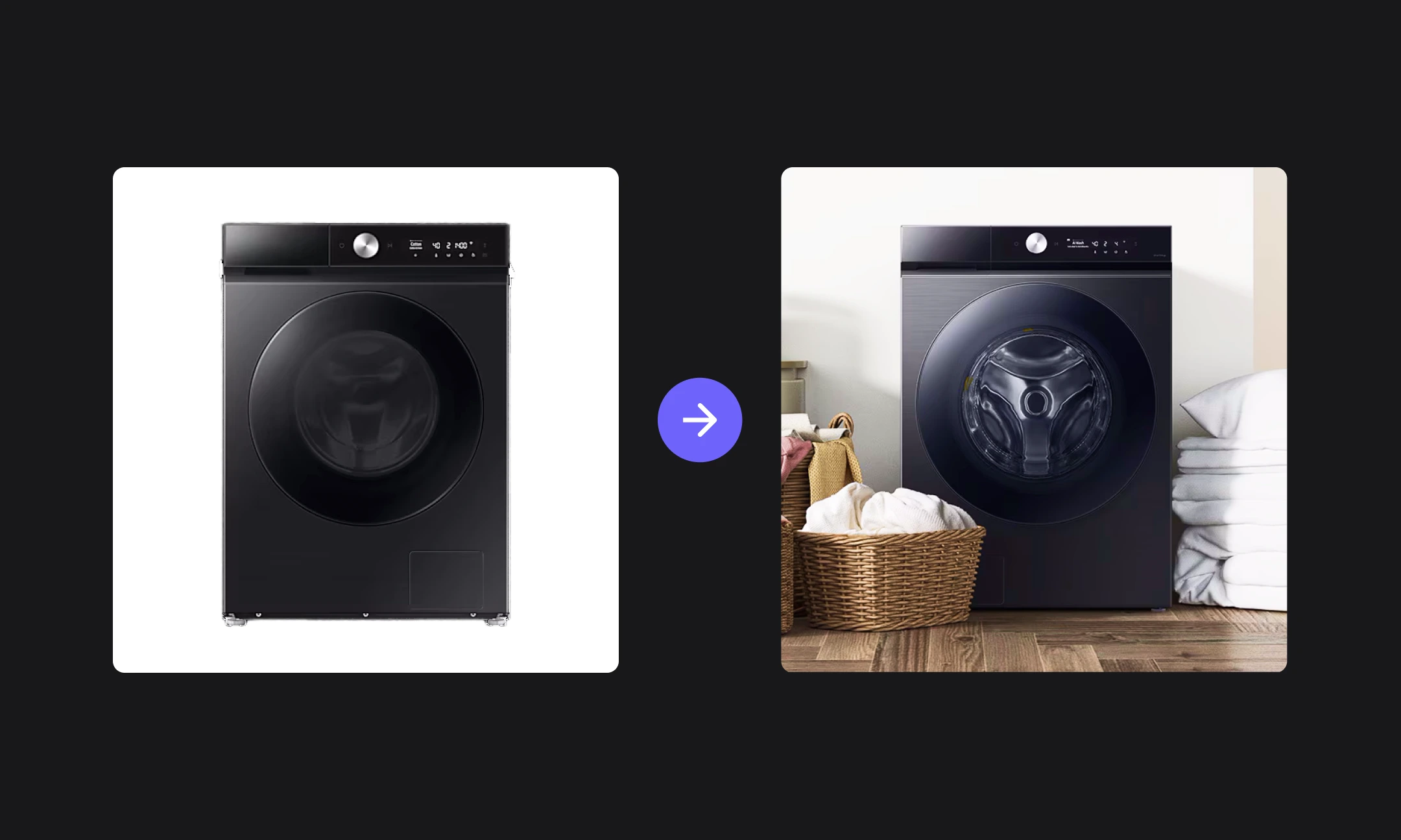 Hypotenuse AI turning a white-background washing machine photo into an in-context laundry room shot
