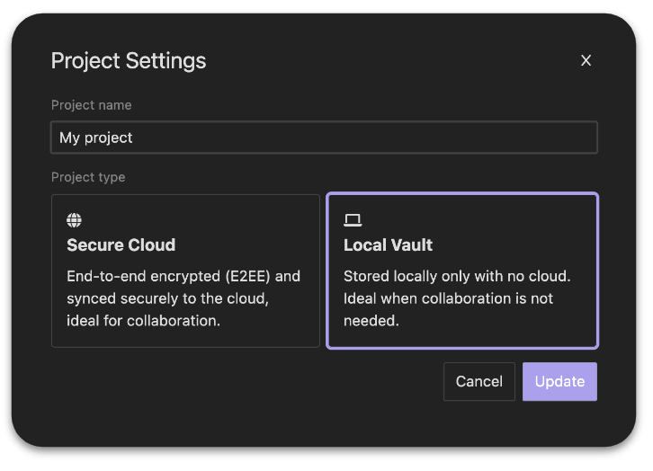 Insomnia project settings dialog offering Secure Cloud storage with end-to-end encryption or Local Vault storage