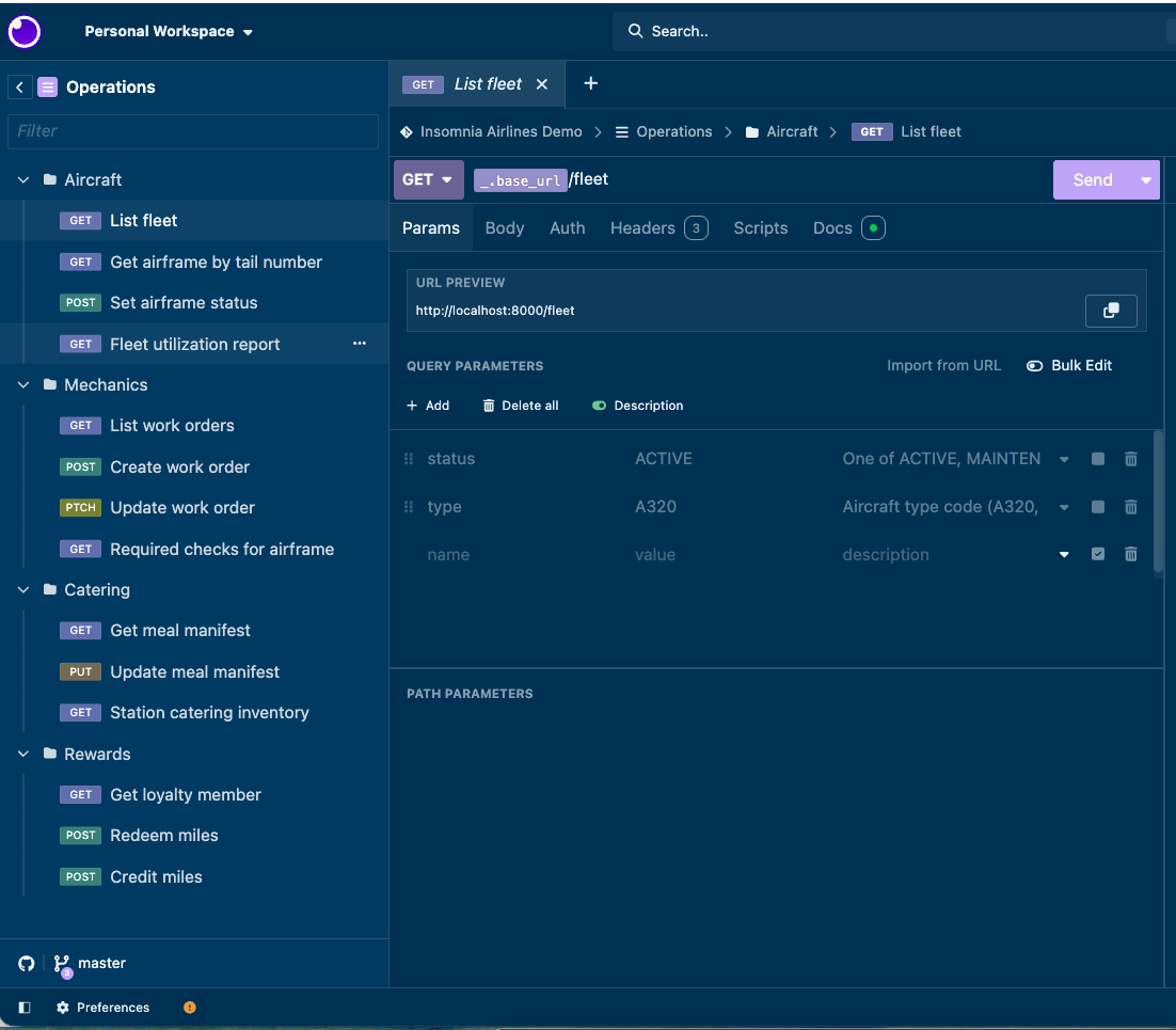 Insomnia 13 tree sidebar with a GET request open on the Params tab, next to the Body, Auth, Headers, Scripts and Docs tabs