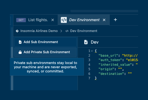 Insomnia tooltip explaining that private sub environments stay local to your machine and are never exported, synced or committed