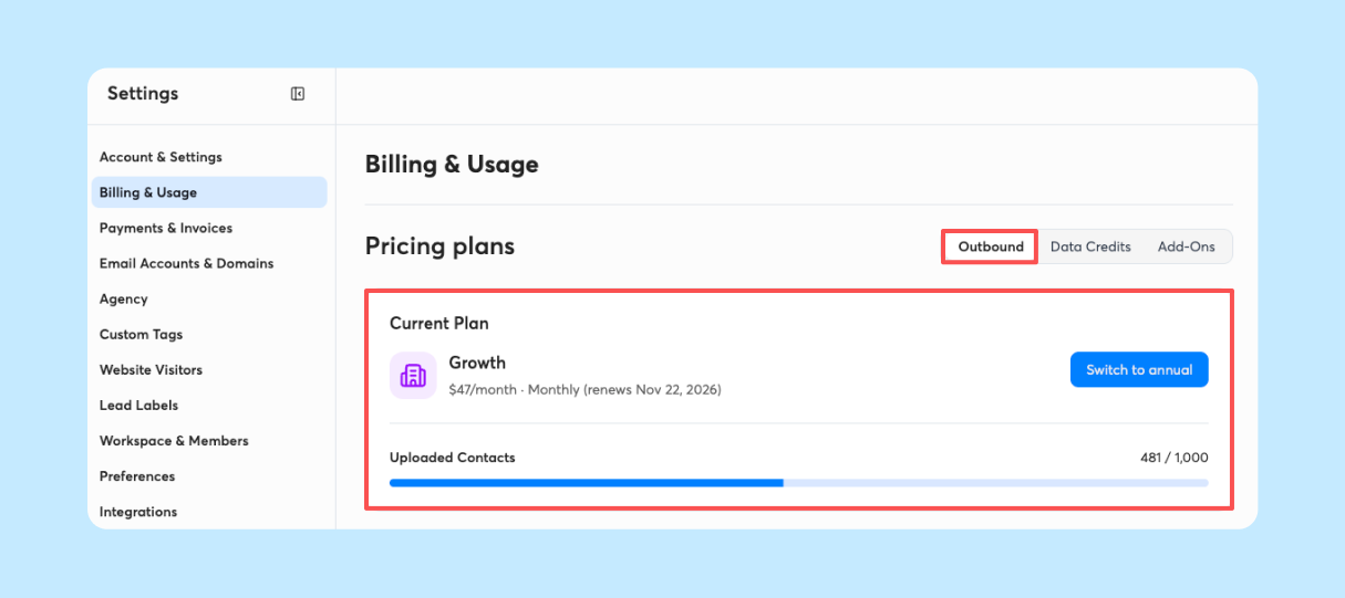 Instantly Billing and Usage screen on the Growth plan showing 481 of 1,000 uploaded contacts used
