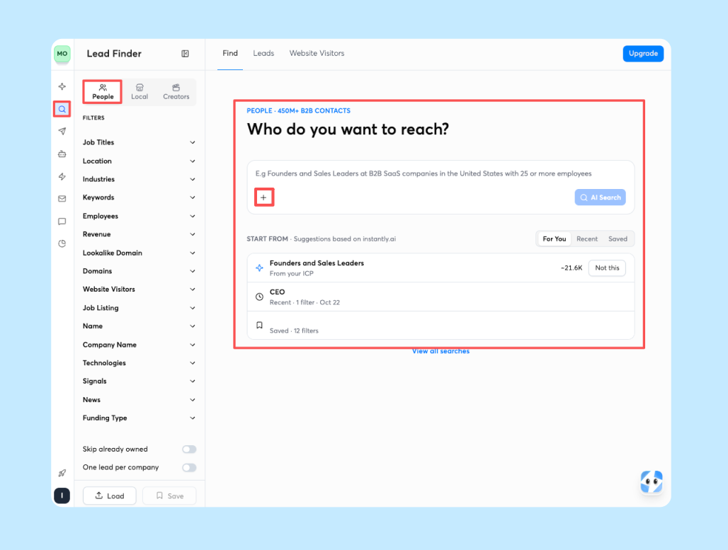 Instantly Lead Finder search screen with the 450M+ B2B contacts prompt and job title, location and industry filters