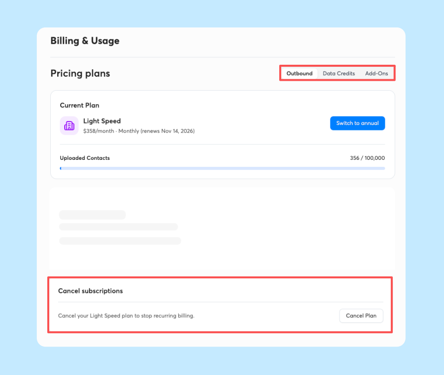 Instantly Billing and Usage page with separate Outbound, Data Credits and Add-Ons tabs and a Cancel Plan button