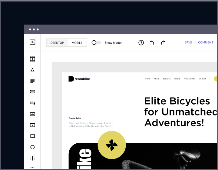 Instapage no-code editor window with a sample bicycle shop landing page