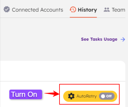 Integrately AutoRetry toggle on the History tab, available from the Professional plan up
