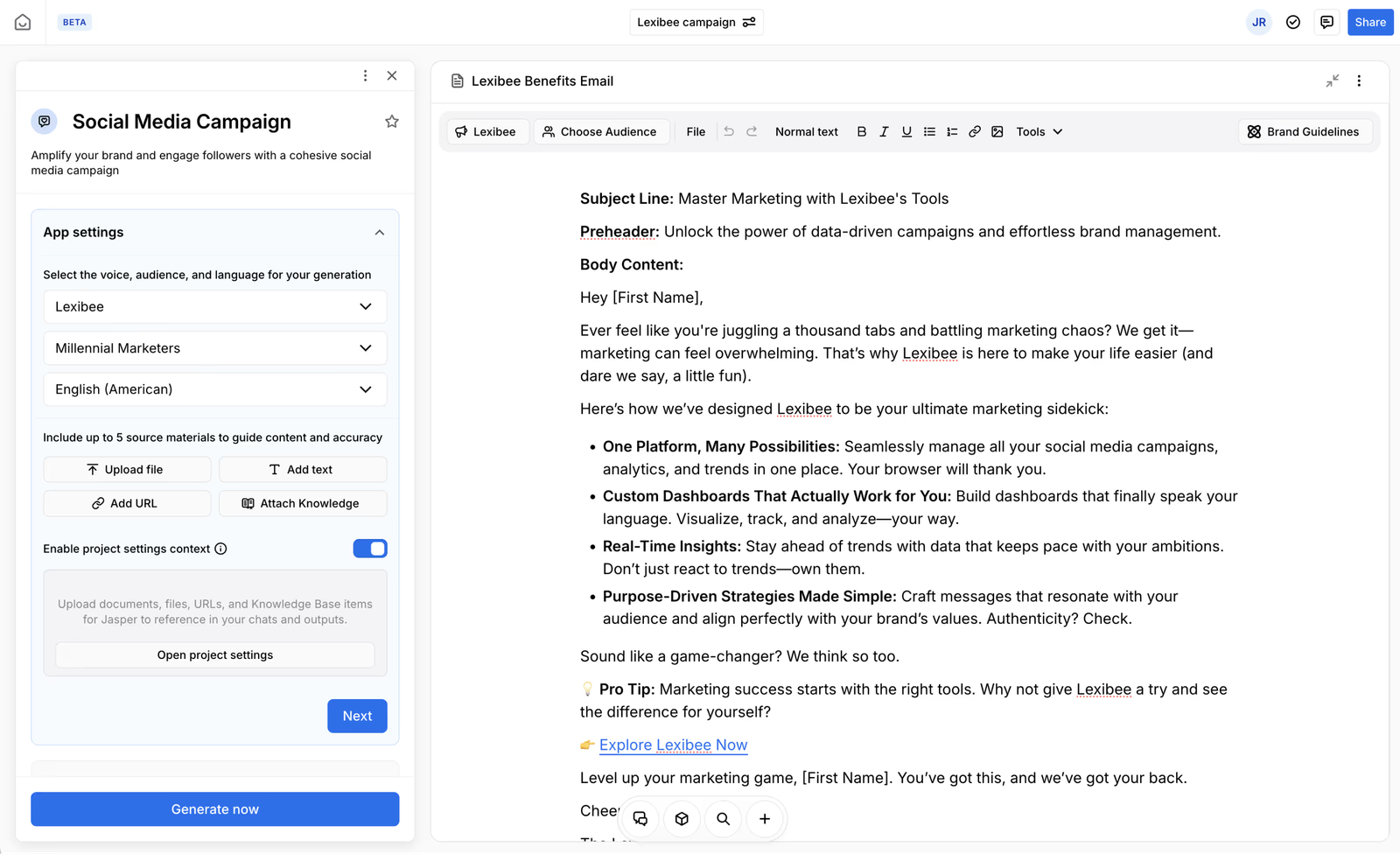 Jasper Canvas editor with a social campaign panel beside an email draft