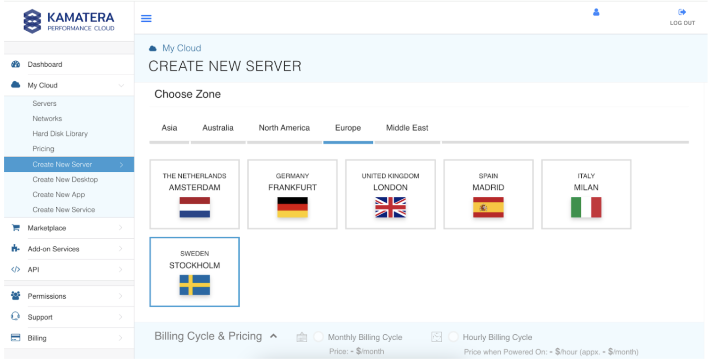 Kamatera server creation and data center selection