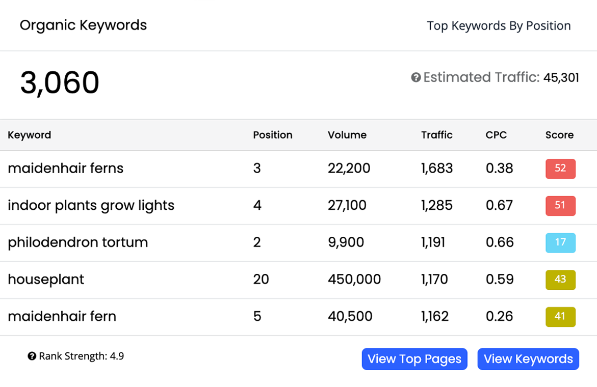 KeySearch Competitive Analysis showing a domain's organic keywords with estimated traffic, position and volume