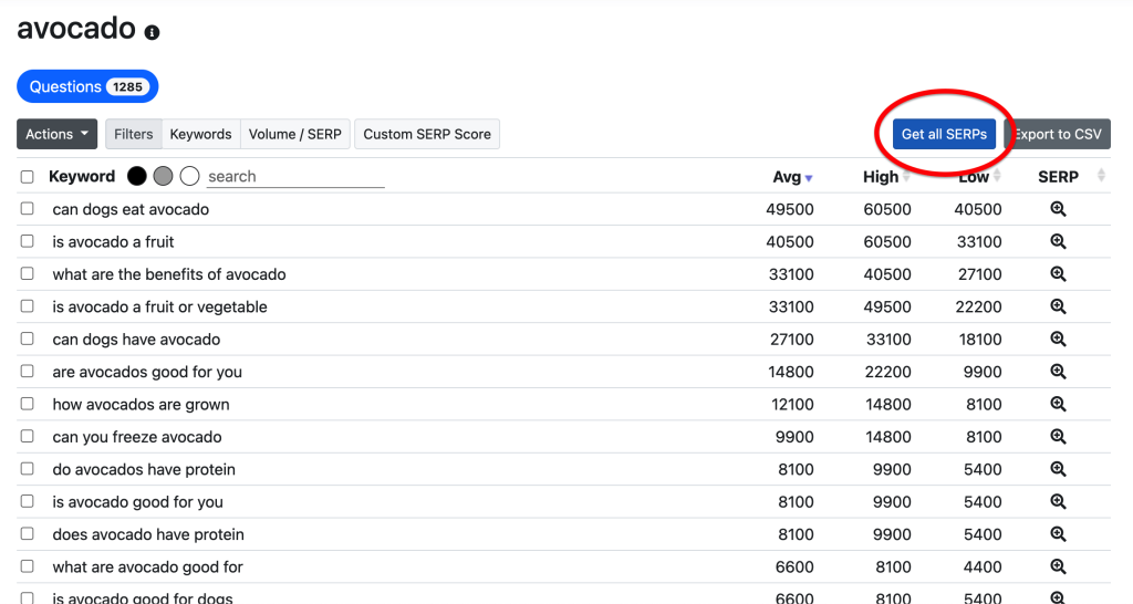 Keyword Chef report with the Get All SERPs bulk SERP button