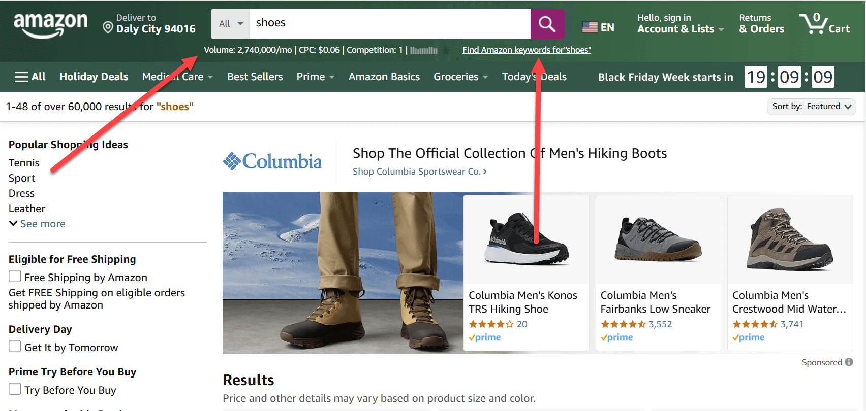 Keywords Everywhere showing monthly search volume, CPC and competition under an Amazon search for shoes