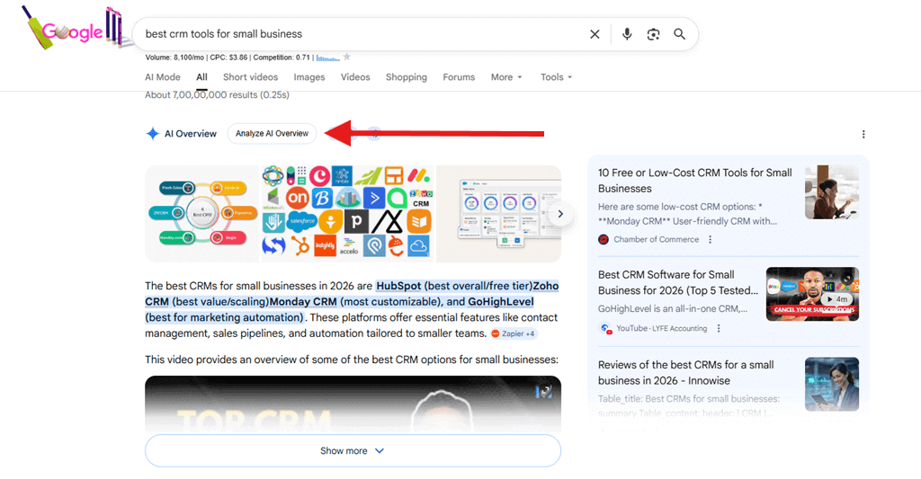 Keywords Everywhere Analyze AI Overview feature on a Google search results page