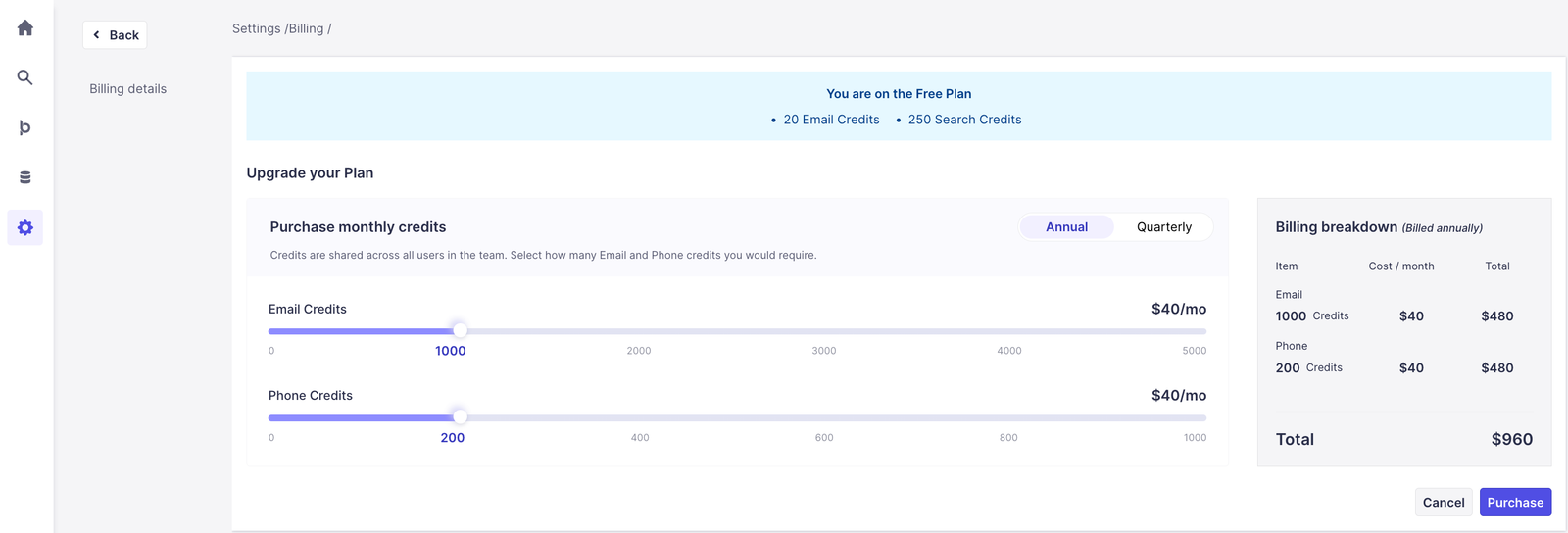 Klenty Prospect IQ billing screen showing 1,000 email and 200 phone credits totalling $960 billed annually