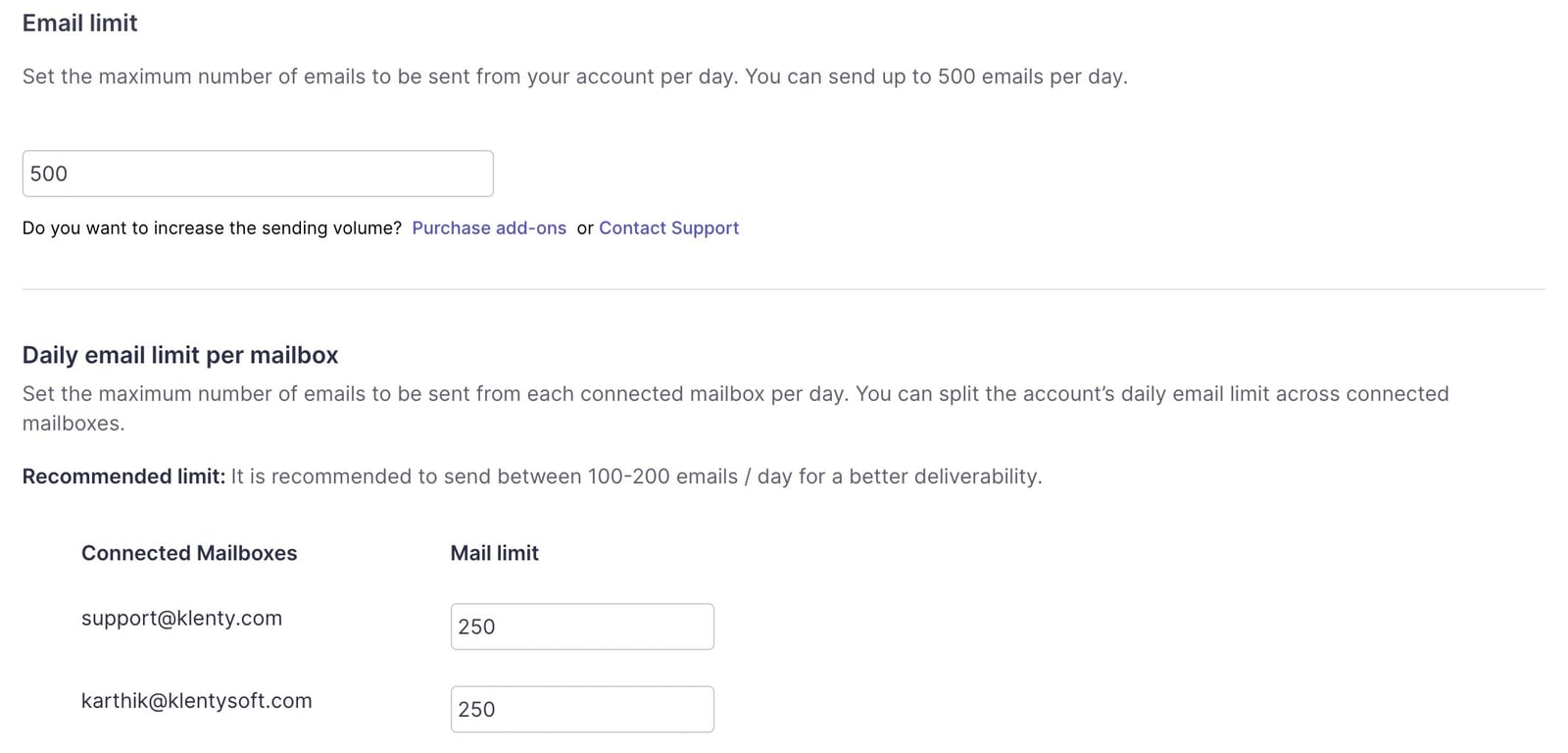 Klenty Email Settings with a 500 per day account limit split 250 and 250 across two mailboxes
